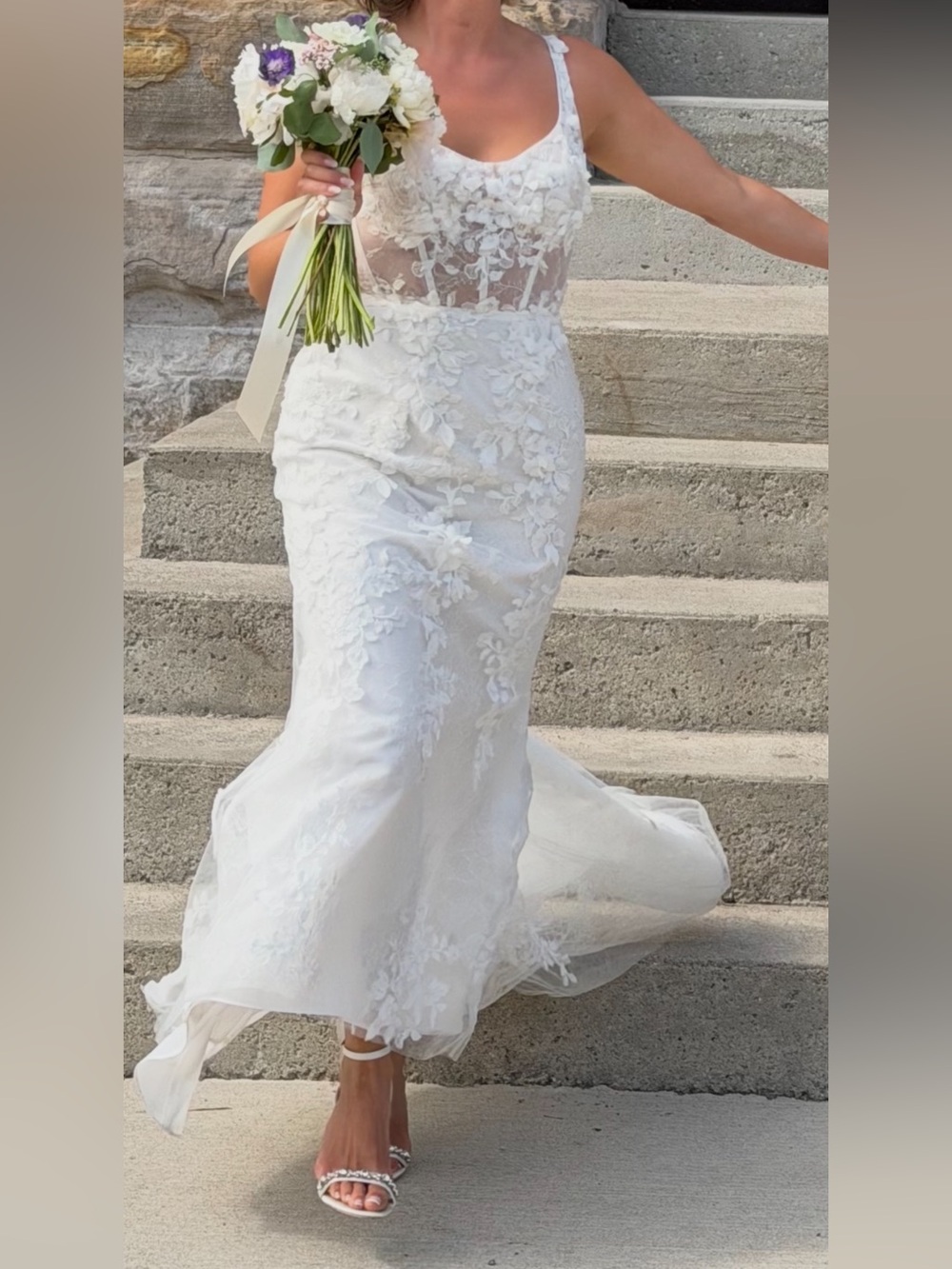 Melissa Sweet White Lace Floral Appliqué Wedding Dress